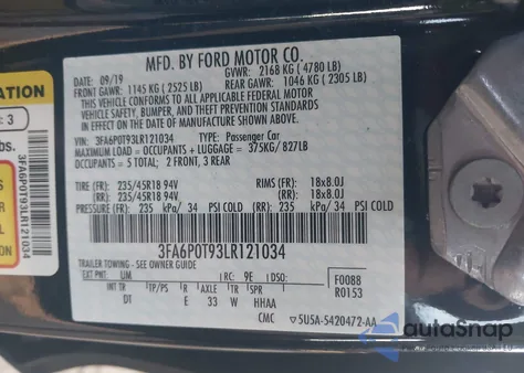 2020 Ford Fusion Se из США, поврежденный, VIN 3FA6P0T93LR121034